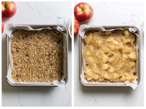 A baking pan shown with the oatmeal cookie mixture pressed into the bottom, and another showing the applesauce spread into an even layer on top of the cookie base.
